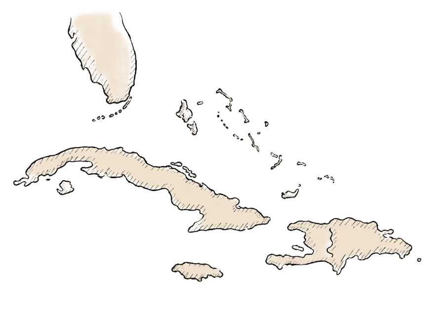 Mapa do Caribe destacando os países de origem do reggaeton: Panamá, Porto Rico, República Dominicana e Jamaica